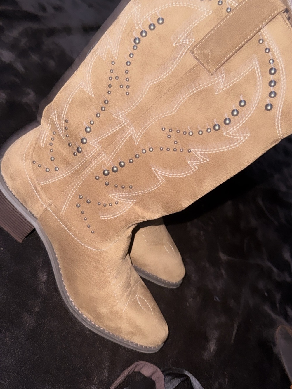 Marshalls Tan Suede Western Knee-High Boots with Stud Accents
